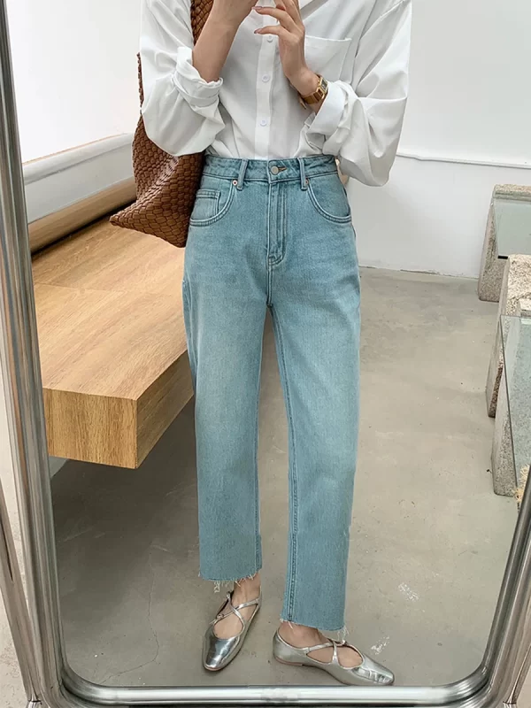 high waist woman jeans 2024 autumn new arrivals blue color botton burrs straight korean fashion elegant jeans women hot sale