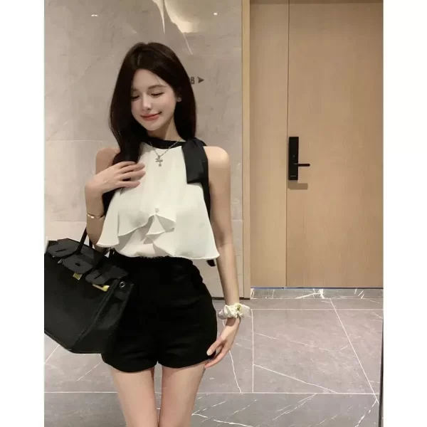 women's chiffon blouse korean style round neck bow sleeveless sexy summer fashion loose fit slimming top trendy