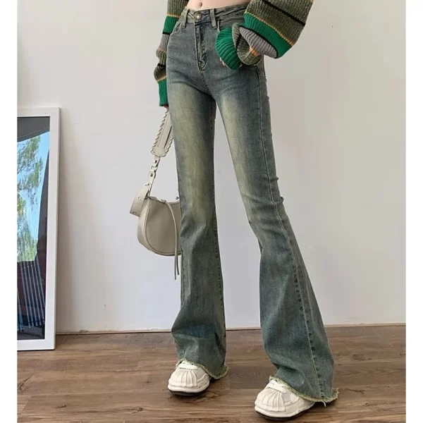 2024 woman high waist vintage streetwear flare jeans female elastic grunge bell bottom pants girls fashion blue denim trousers