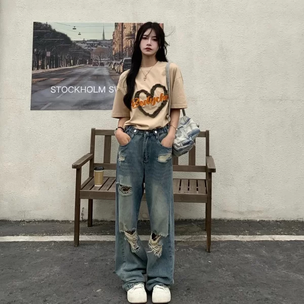 vintage hole y2k women's jeans high waisted jeans wide leg loose straight leg hip hop street wear floor length denim pants