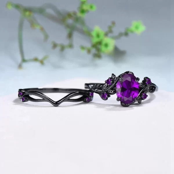 elegant women's retro style purple gemstone ring gun black rose branch cross two piece set classic wedding fashion jewelry