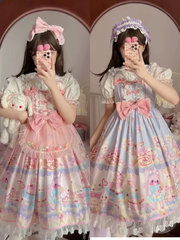sweet lolita dress women vintage gothic printed summer sleeveless dress japanese bow bear kawaii princess maid dresses jsk