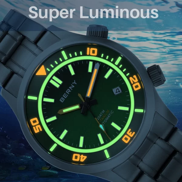 berny men's automatic full titanium diver watch supper luminous sappire ar coated miyota 8215 compressor sport 20atm dive watch