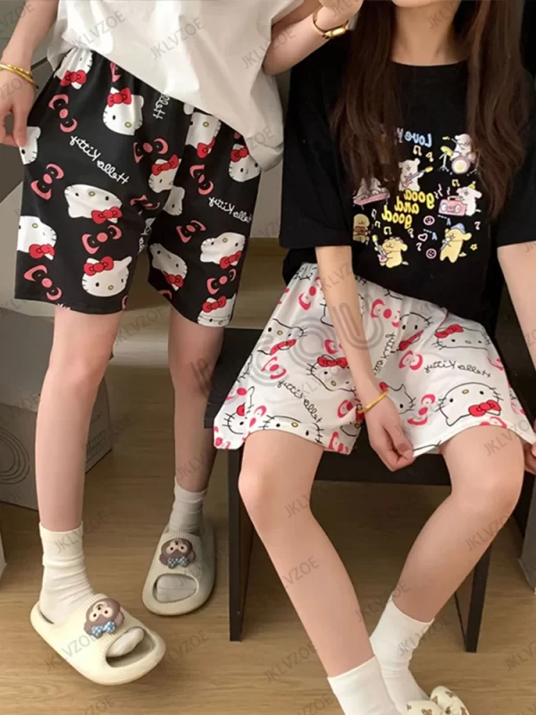 2025 new cartoon hello kitty loose print ladies pajama short pants women men summer sleep shorts loose casual short trousers