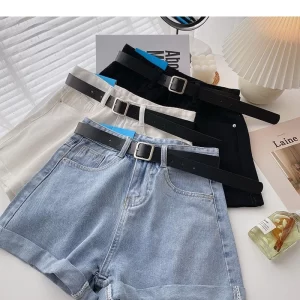 korean denim shorts with belt for women casual fashion summer wide leg high waist jeans y2k hot pants streetwear cowboy shorts