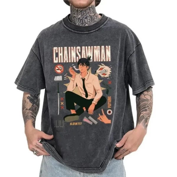 hot anime chainsaw man hayakawa aki graphic tee men women washed cotton tshirts casual t shirt harajuku male vintage t shirt