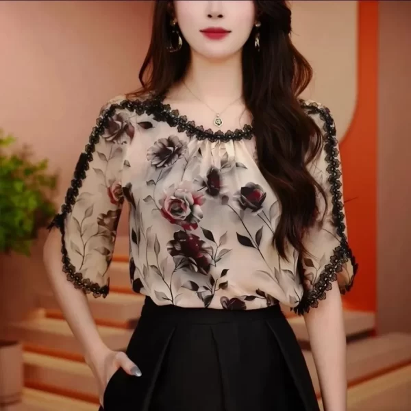 elegant fashionable versatile lace short sleeve shirt 2024 summer loose fit slimming stylish small top floral edge design
