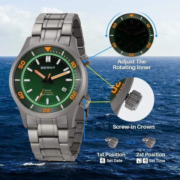 berny men's automatic full titanium diver watch supper luminous sappire ar coated miyota 8215 compressor sport 20atm dive watch