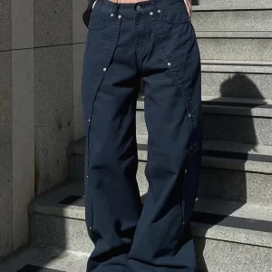 iamsure casual loose rivet jeans wide leg pants basic low waisted straight pants women 2025 spring autumn streetwear ladies