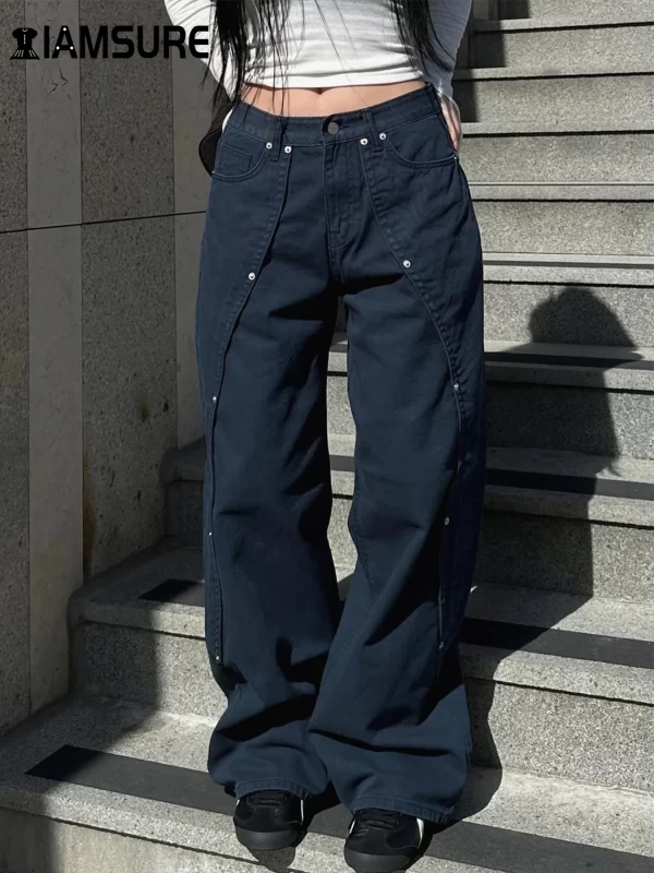 iamsure casual loose rivet jeans wide leg pants basic low waisted straight pants women 2025 spring autumn streetwear ladies