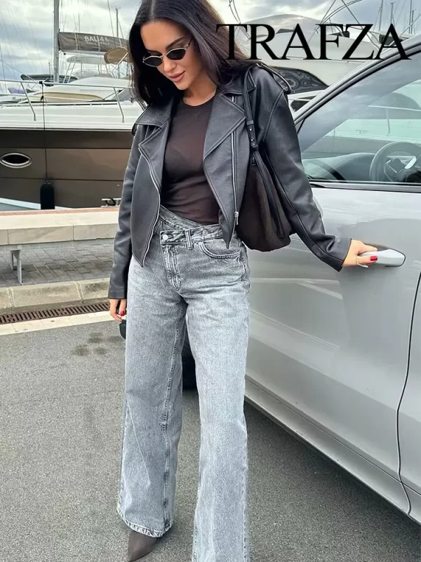 trafza 2025 summer women's fashionable straight jeans high waist vintage zipper women's casual jeans commuting streetwear y2k