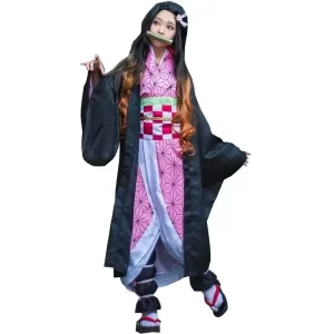 2025o nezuko anime cosplay costume, kimono demon slayer, perruques, cheveux, halloween, carnaval, tenue pour femme