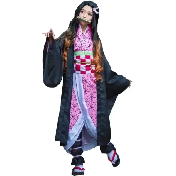 2025o nezuko anime cosplay costume, kimono demon slayer, perruques, cheveux, halloween, carnaval, tenue pour femme
