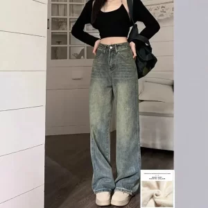 retro american washed denim pants high waist slim wide leg straight floor length women's jeans casual comfortable trousers