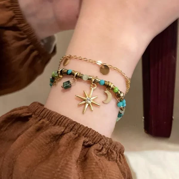 vintage natural stone double layered beads bracelets for women fashion metal mang star pendant bracelets y2k charm jewelry gifts