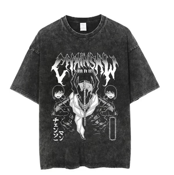 vintage washed tshirts chainsaw man anime t shirt for men women harajuku oversize tee cotton fashion streetwear unisex tops