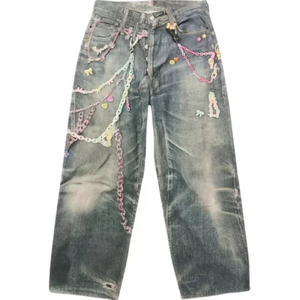 loose wide leg denim jeans retro candy chain print unisex spring summer new style loose low waist trousers for couples