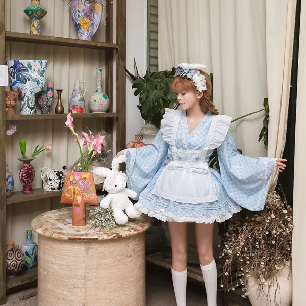 japanese sweet lolita yukata kimono dress kawaii cute princess party dresses with bow apron cosplay costume maid dress set
