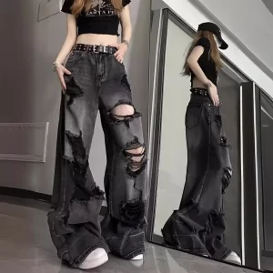 unique cool ripped jeans women's summer distressed american style bell bottoms loose fit versatile straight leg long pants