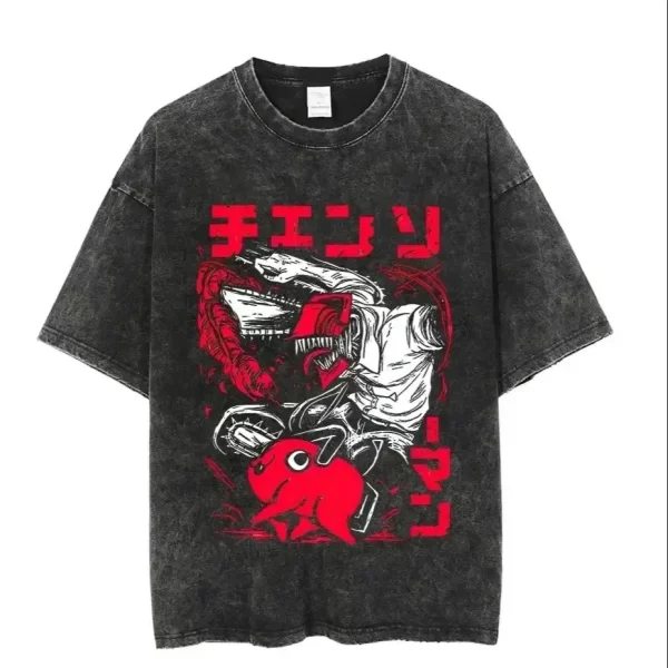 vintage washed tshirts chainsaw man anime t shirt for men women harajuku oversize tee cotton fashion streetwear unisex tops