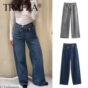 trafza 2025 fashion women slanted placket blue jeans female wide leg pants long pants high street ripped jeans versatile retro