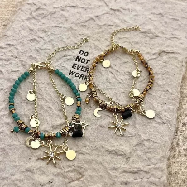 vintage natural stone double layered beads bracelets for women fashion metal mang star pendant bracelets y2k charm jewelry gifts