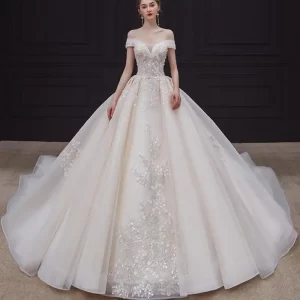 luxury handmade neck wedding dress with train lace flower bridal dress elegant the shoulder ball gown robe de mariee customized