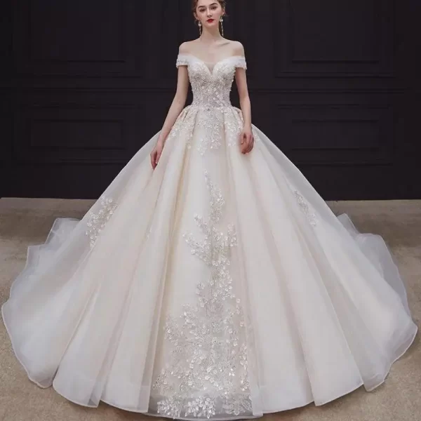 luxury handmade neck wedding dress with train lace flower bridal dress elegant the shoulder ball gown robe de mariee customized