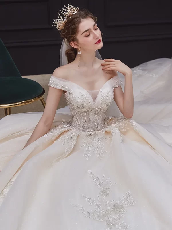 luxury handmade neck wedding dress with train lace flower bridal dress elegant the shoulder ball gown robe de mariee customized