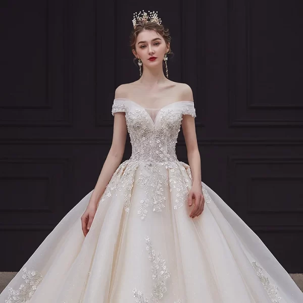 luxury handmade neck wedding dress with train lace flower bridal dress elegant the shoulder ball gown robe de mariee customized