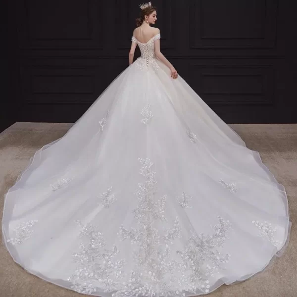 luxury handmade neck wedding dress with train lace flower bridal dress elegant the shoulder ball gown robe de mariee customized