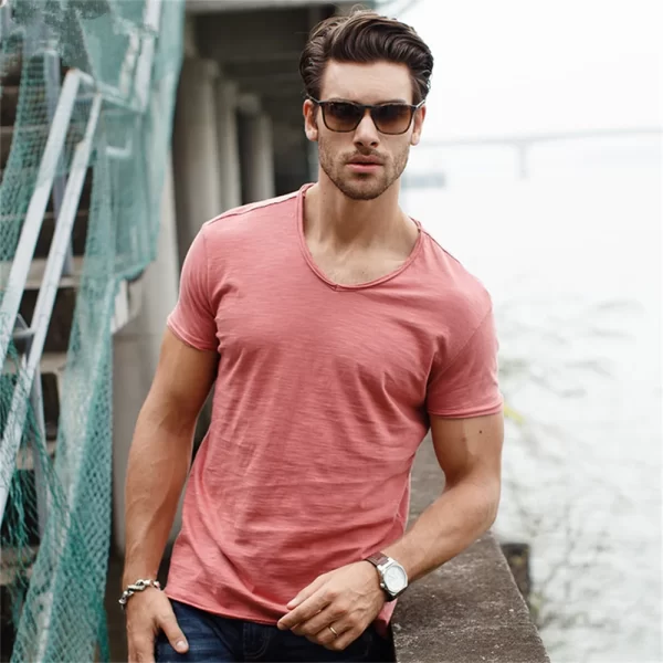 brand quality 100% cotton men t shirt v neck fashion design slim fit soild t shirts male tops tees short sleeve t shirt for men