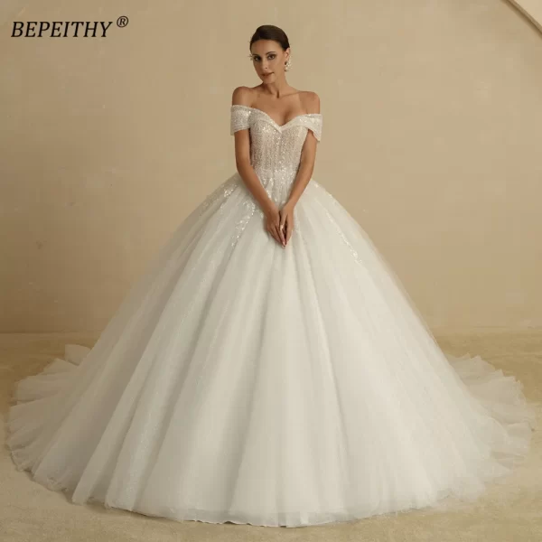 bepeithy customized beading princess wedding dresses 2024 for bride off shoulder sleeveless women glitter ball bridal gown