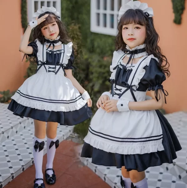 children halloween cute maid cosplay costumes girl anime lolita maid apron dress short sleeve ruffle with headwear neckwear suit