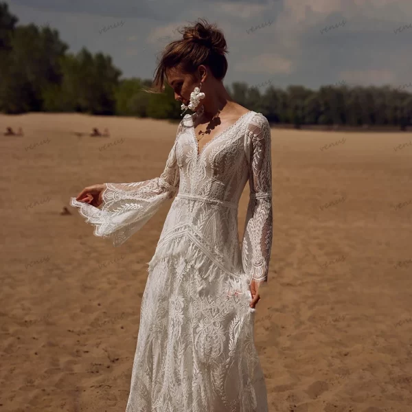 bohemia vintage wedding dresses for women 2024 v neck backless bridal gowns flare sleeves lace robe vestidos de novia customized