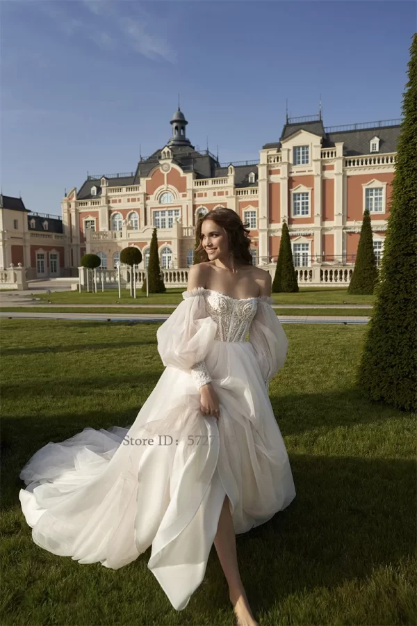 mordern sweetheart neckline wedding dress off shoulder lace appliques puff sleeves a line bridal gown vestidos de novia