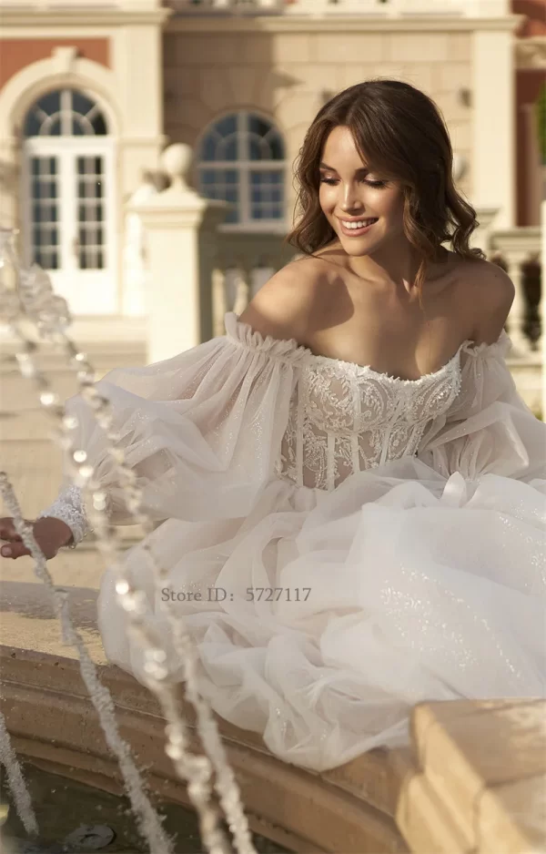 mordern sweetheart neckline wedding dress off shoulder lace appliques puff sleeves a line bridal gown vestidos de novia