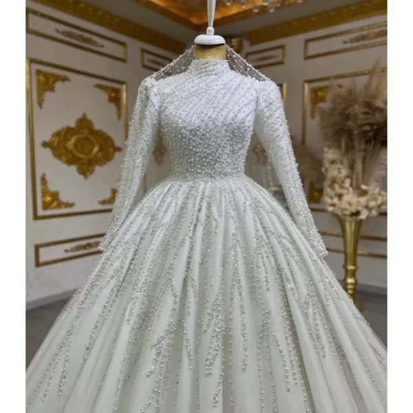 customized graceful handwork pearls long sleeves wedding dresses vestidos de novia ballgown high neck muslim bridal gown