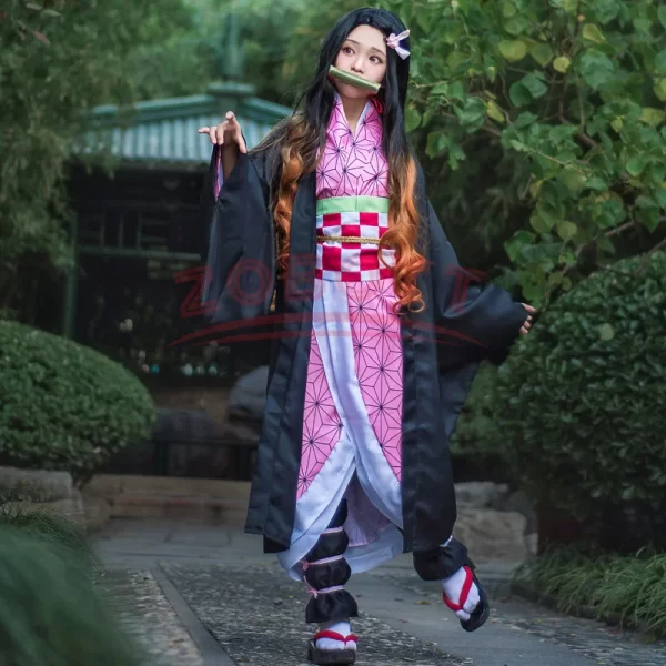 anime demon slayer nezuko cosplay costume kimono kimetsu no yaiba kamado nezuko costume wig womens girls kimono uniform clothes