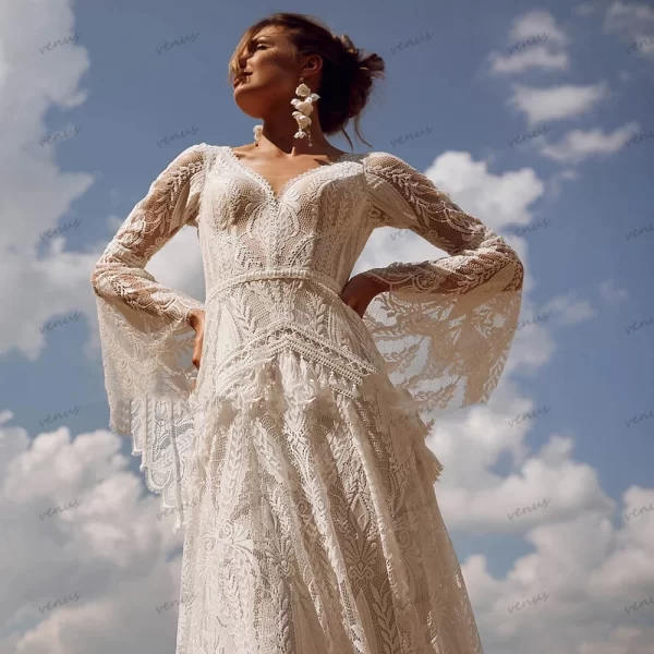 bohemia vintage wedding dresses for women 2024 v neck backless bridal gowns flare sleeves lace robe vestidos de novia customized