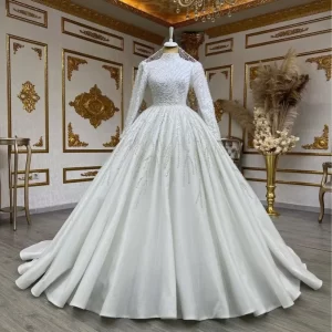 customized graceful handwork pearls long sleeves wedding dresses vestidos de novia ballgown high neck muslim bridal gown