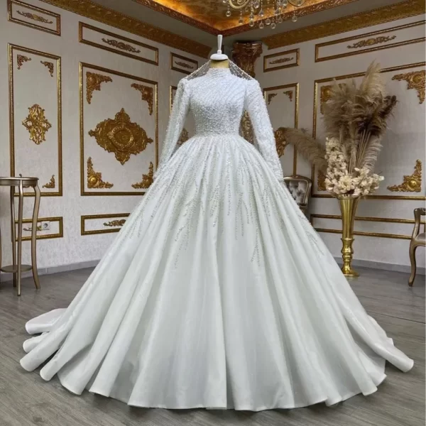 customized graceful handwork pearls long sleeves wedding dresses vestidos de novia ballgown high neck muslim bridal gown