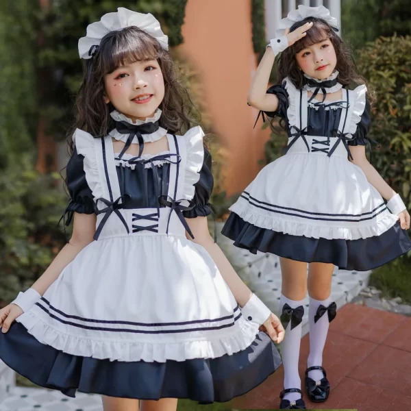 children halloween cute maid cosplay costumes girl anime lolita maid apron dress short sleeve ruffle with headwear neckwear suit