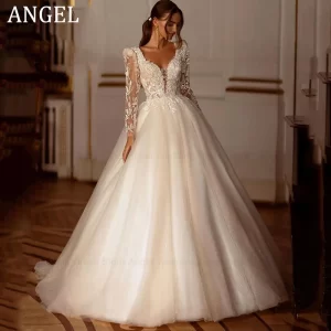 angel luxury shiny long sleeves wedding dress 2025 a line lace up women bridal gown customized applique beading vestido de novia