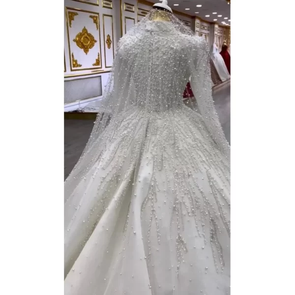 customized graceful handwork pearls long sleeves wedding dresses vestidos de novia ballgown high neck muslim bridal gown