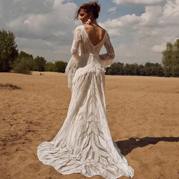 bohemia vintage wedding dresses for women 2024 v neck backless bridal gowns flare sleeves lace robe vestidos de novia customized