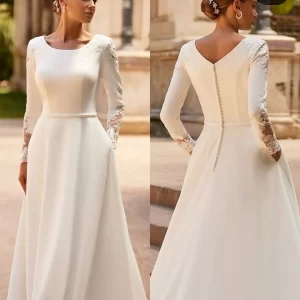 2025 women wedding dress customize to measures long sleeves buttons elegant robe de marie stunning with pocket lace appliqués