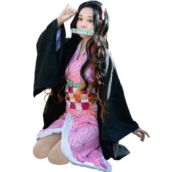 anime kimetsu no yaiba kamado nezuko cosplay costume kimono demon slayer cosplay wigs hairs halloween carnival women outfit