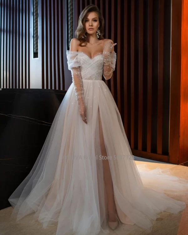 soft tulle boho wedding dress long sleeves sweetheart pearls bride gowns beach front split formal party evening gowns