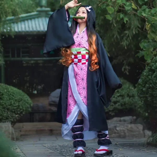 anime demon slayer nezuko cosplay costume kimono kimetsu no yaiba kamado nezuko costume wig womens girls kimono uniform clothes